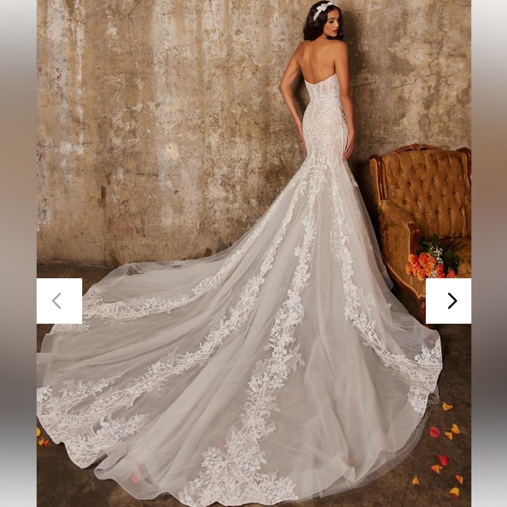Calla Blanche mermaid dress, long dramatic train, detachable sleeves